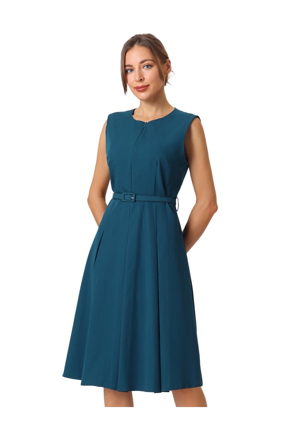 DARING DIVA Women's A Line Sleeveless Zip Up Office Work Flare Dress 2XL Blue