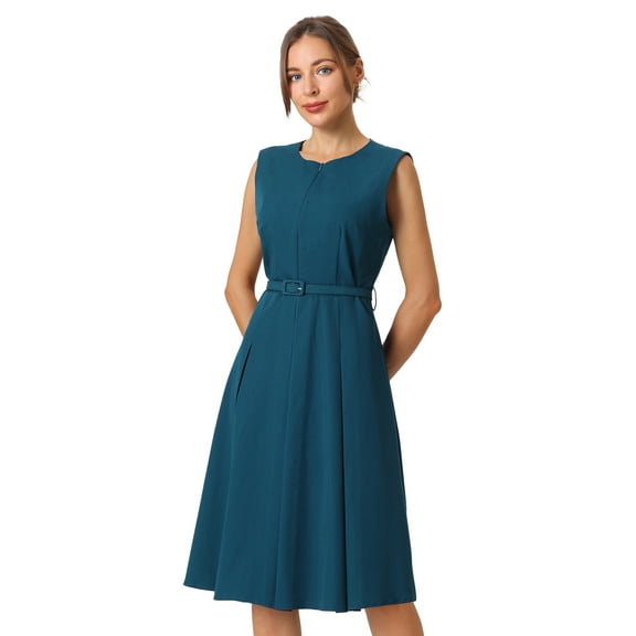 DARING DIVA Women's A Line Sleeveless Zip Up Office Work Flare Dress M Blue