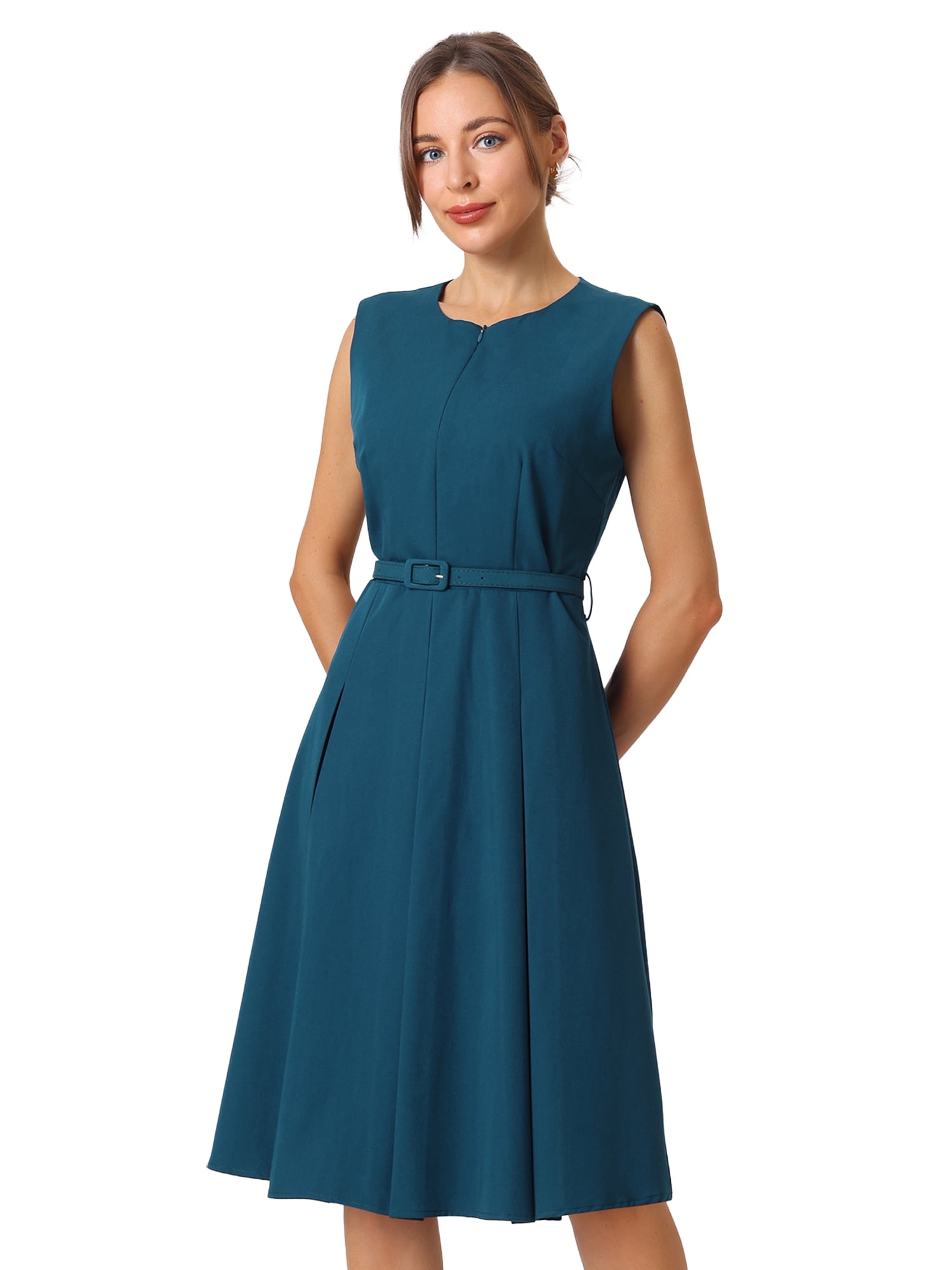 DARING DIVA Women's A Line Sleeveless Zip Up Office Work Flare Dress XL Blue