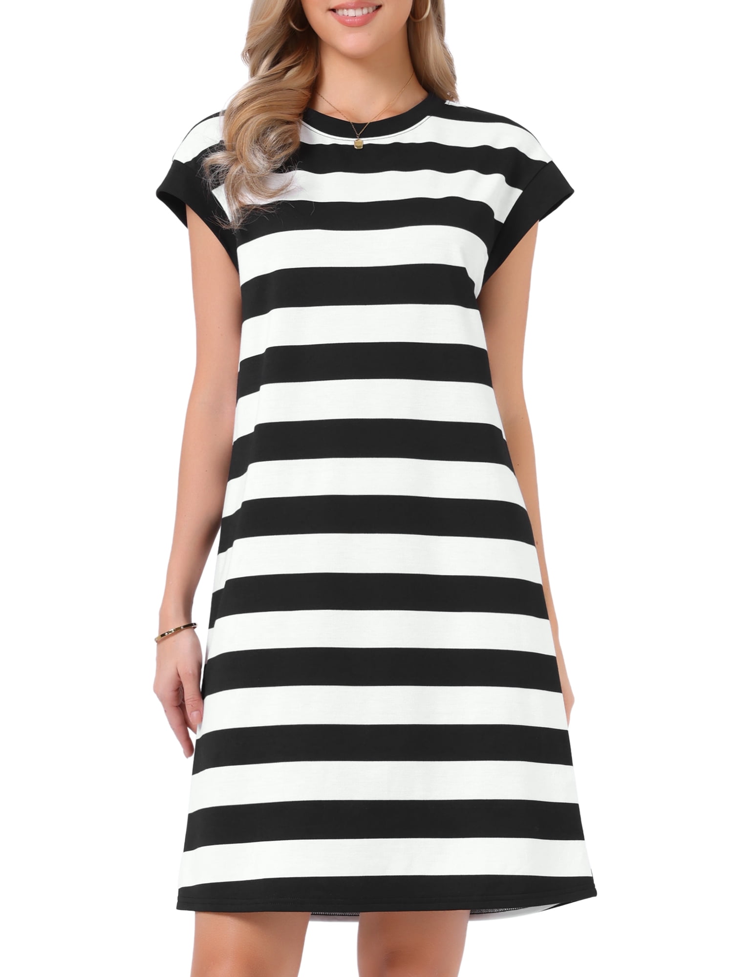 DARING DIVA Women's A-Line Striped Cap Sleeve Color Block Tshirt Dress S Black and White