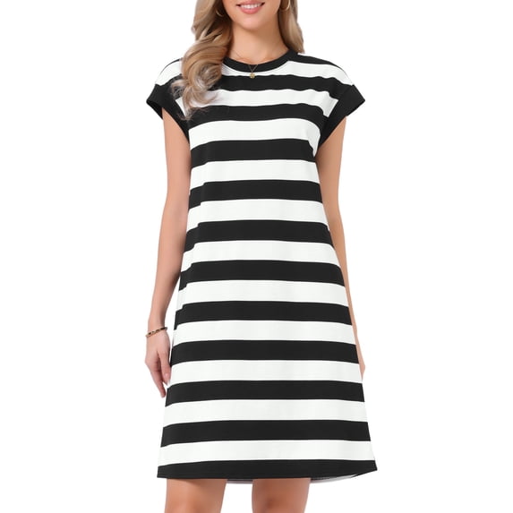 DARING DIVA Women's A-Line Striped Cap Sleeve Color Block Tshirt Dress S Black and White
