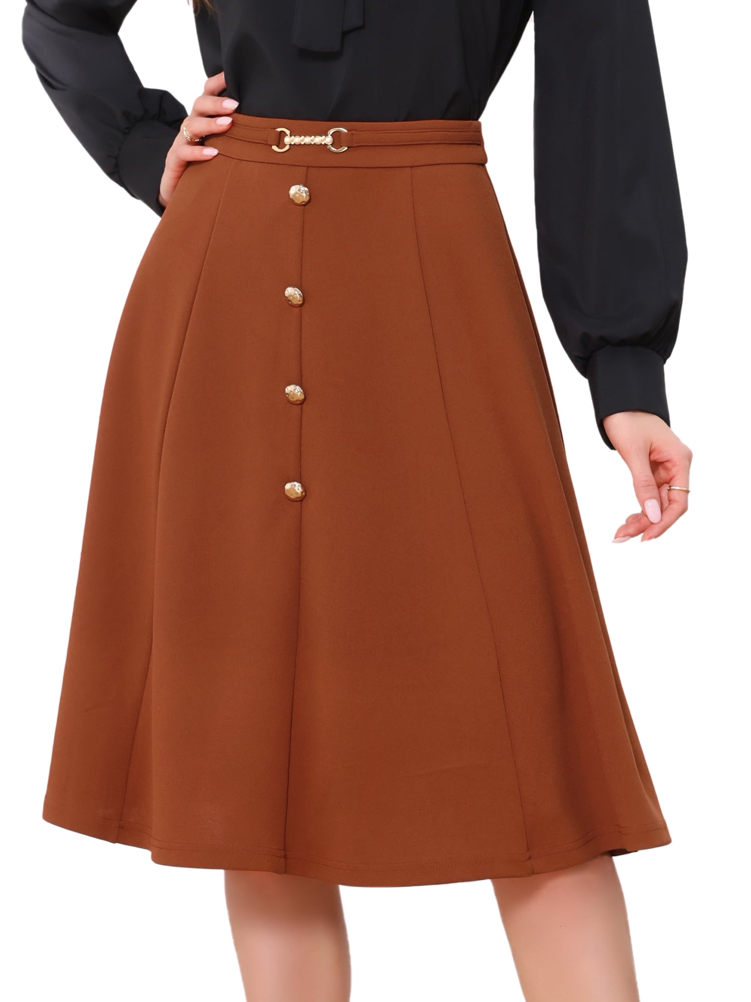 DARING DIVA Women's A-Line Vintage High Waist Pleated Midi Skirts L Orange Brown