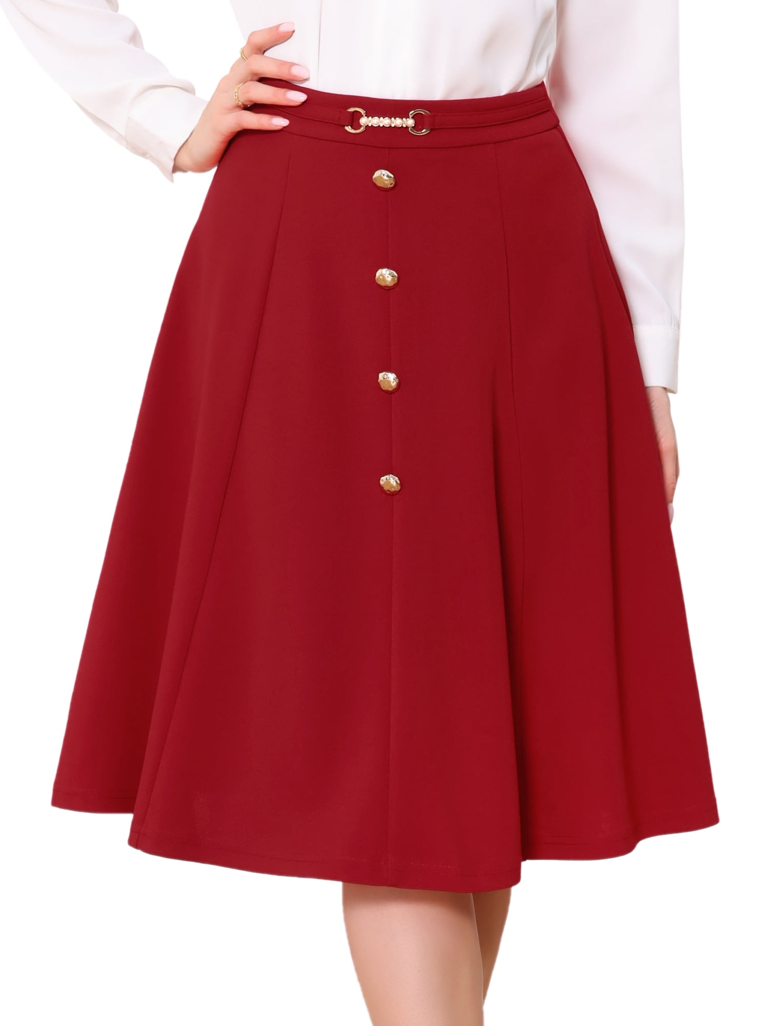 DARING DIVA Women's A-Line Vintage High Waist Pleated Midi Skirts S Red
