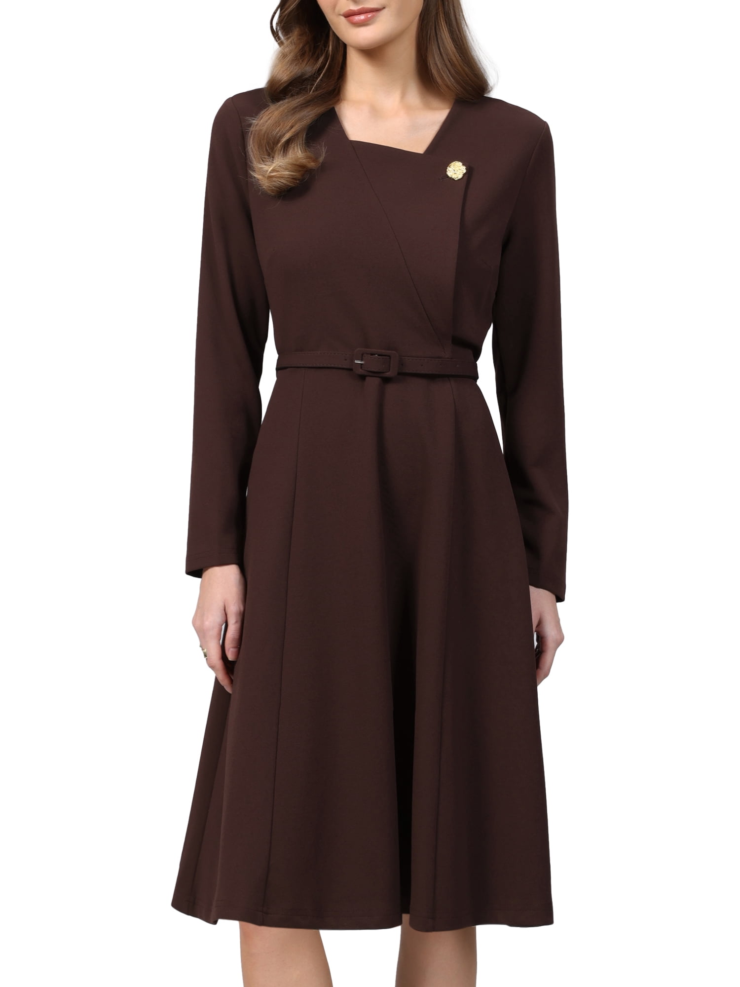 DARING DIVA Women's A-Line Work Lapel V Neck Long Sleeve Flare Dress 2XL Dark Brown