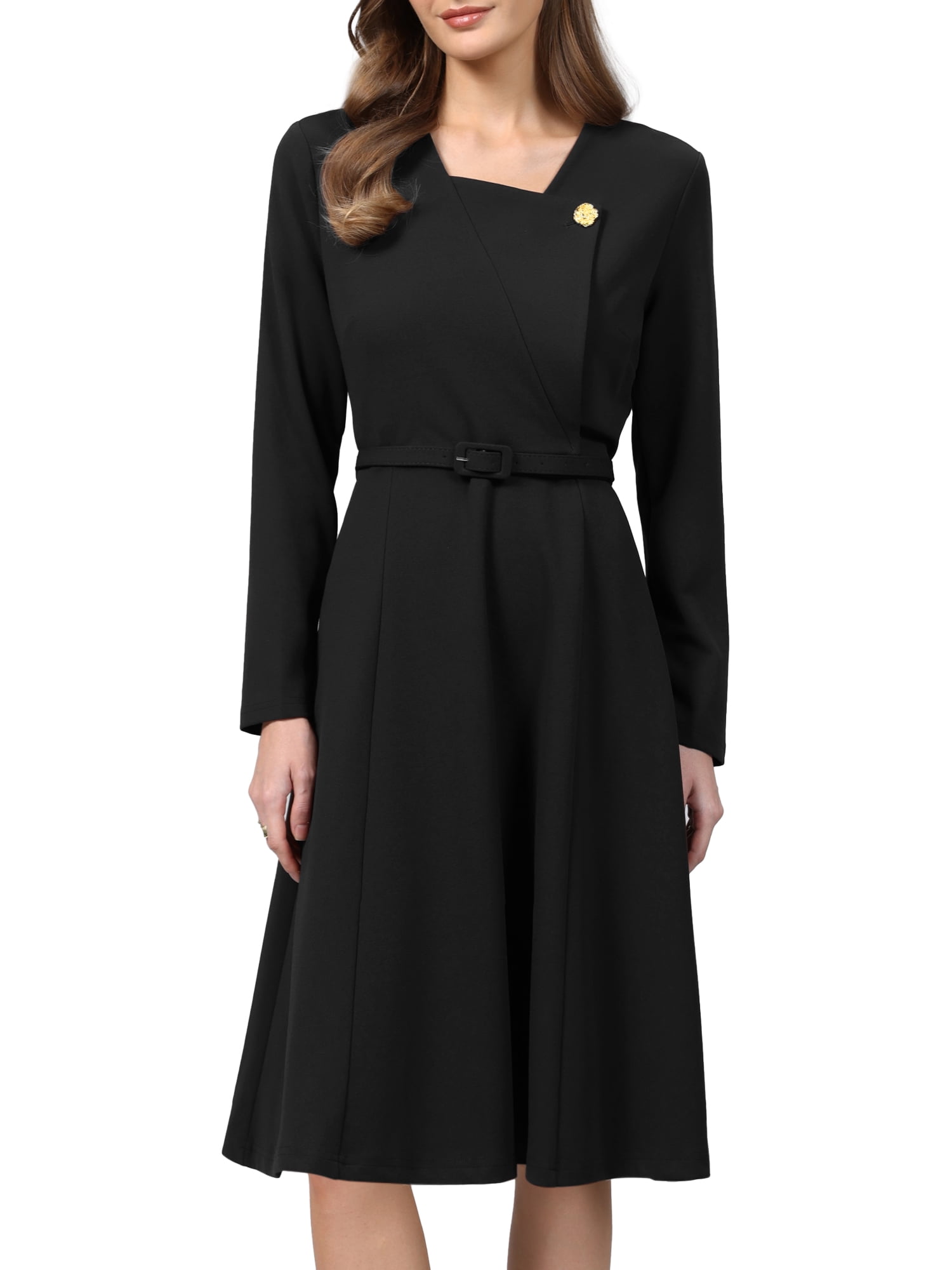 DARING DIVA Women's A-Line Work Lapel V Neck Long Sleeve Flare Dress M Black