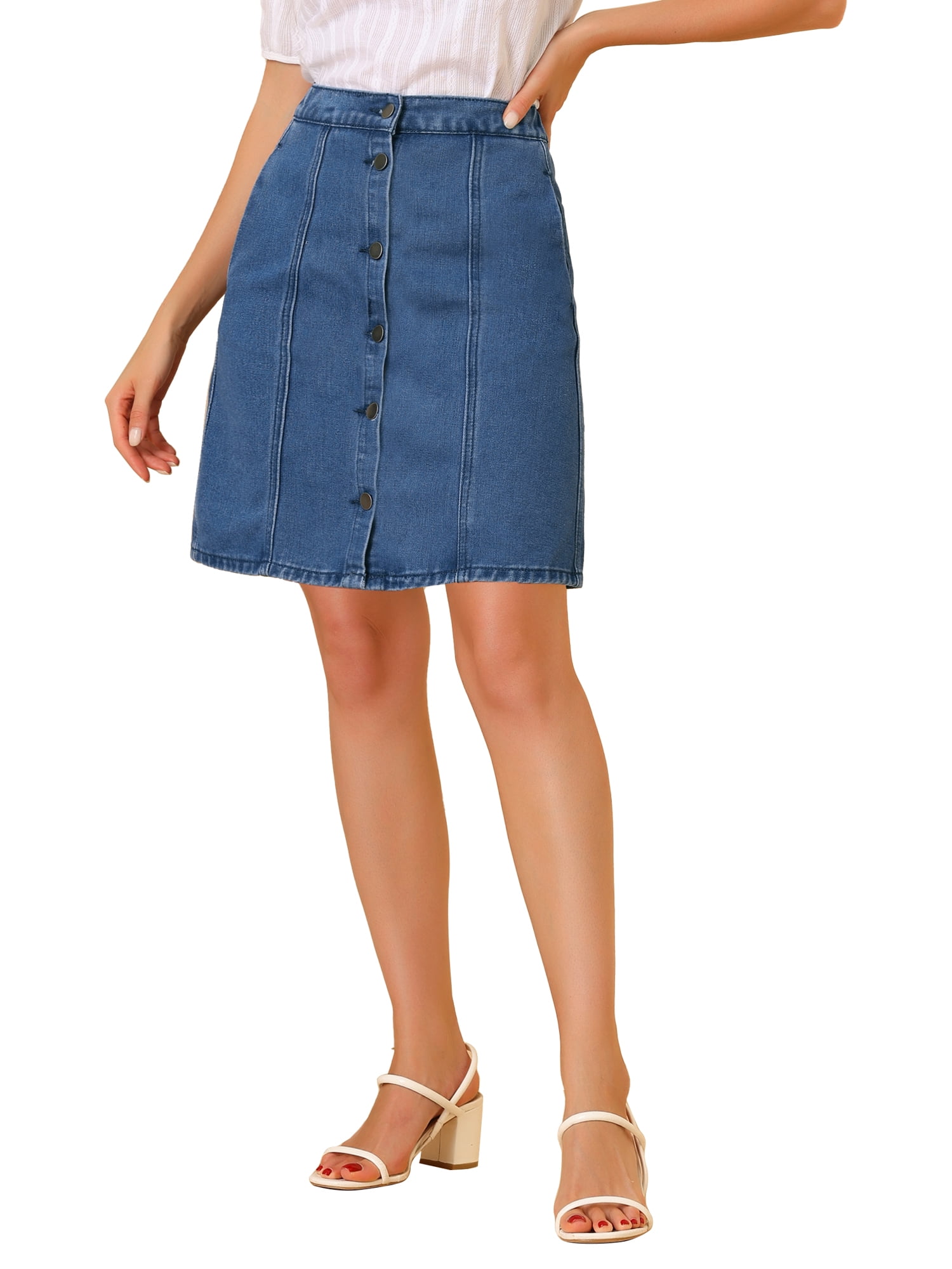 DARING DIVA Women's A-line Button Front Denim Short Skirt L Blue