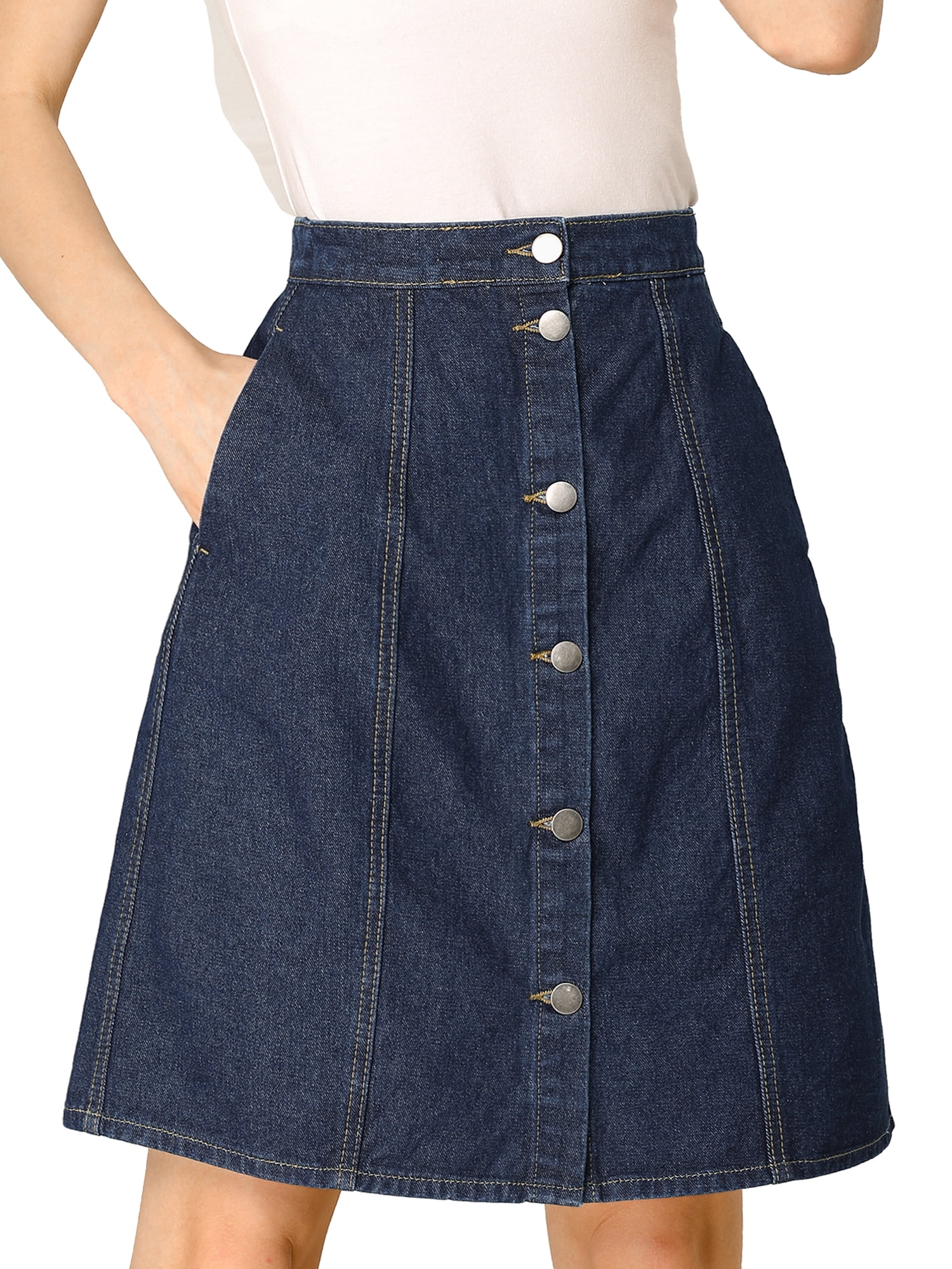 DARING DIVA Women's A-line Button Front Denim Short Skirt L Navy Blue
