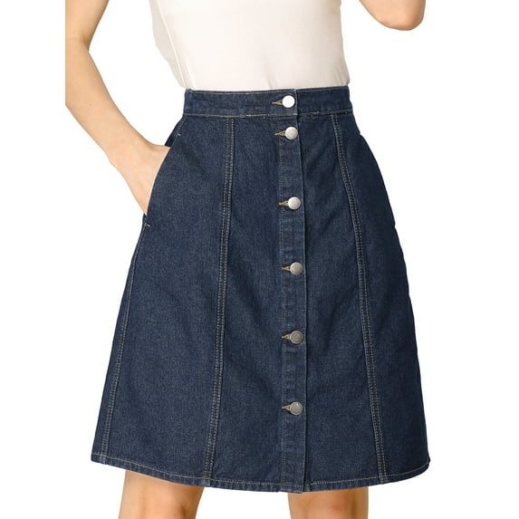 DARING DIVA Women's A-line Button Front Denim Short Skirt L Navy Blue