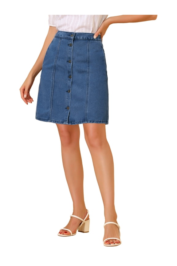 Women's A-line Button Front Denim Short Skirt M Blue