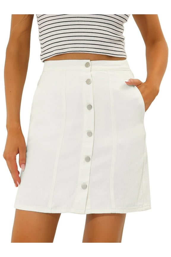 Women's A-line Button Front Denim Short Skirt S White