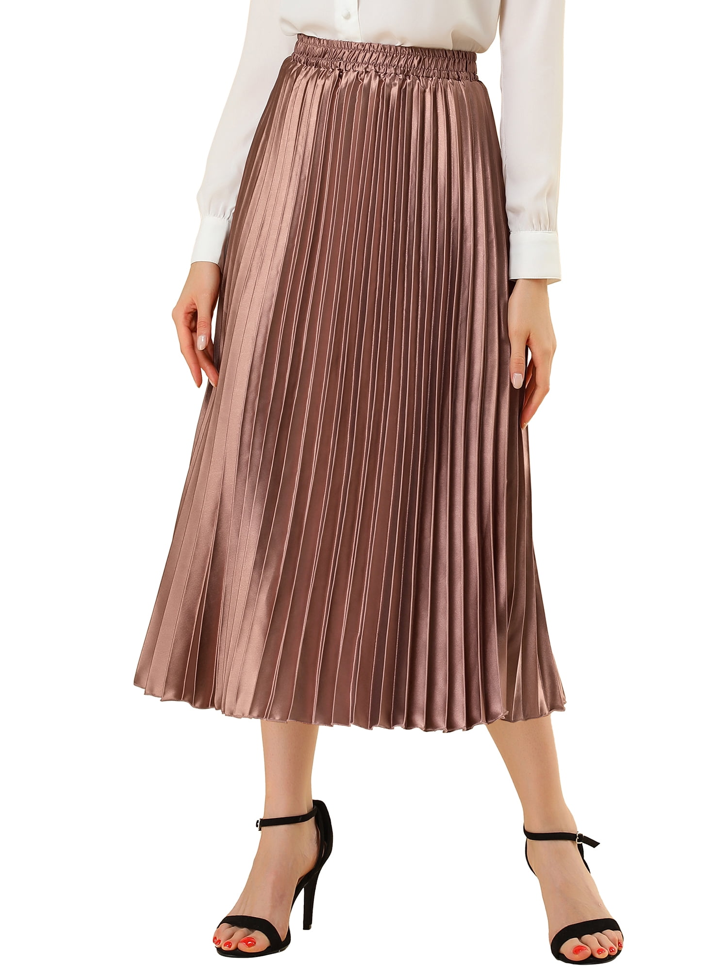 DARING DIVA Women's A-line High Waist Pleated Midi Skirt L Copper