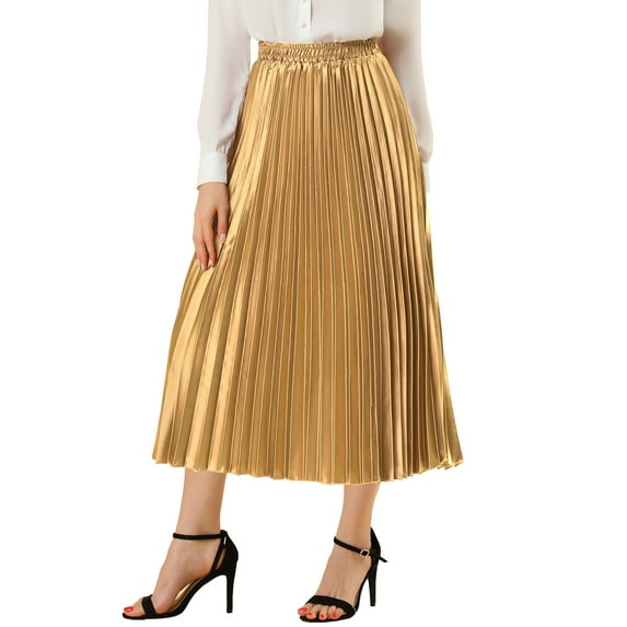 DARING DIVA Women's A-line High Waist Pleated Midi Skirt M Gold