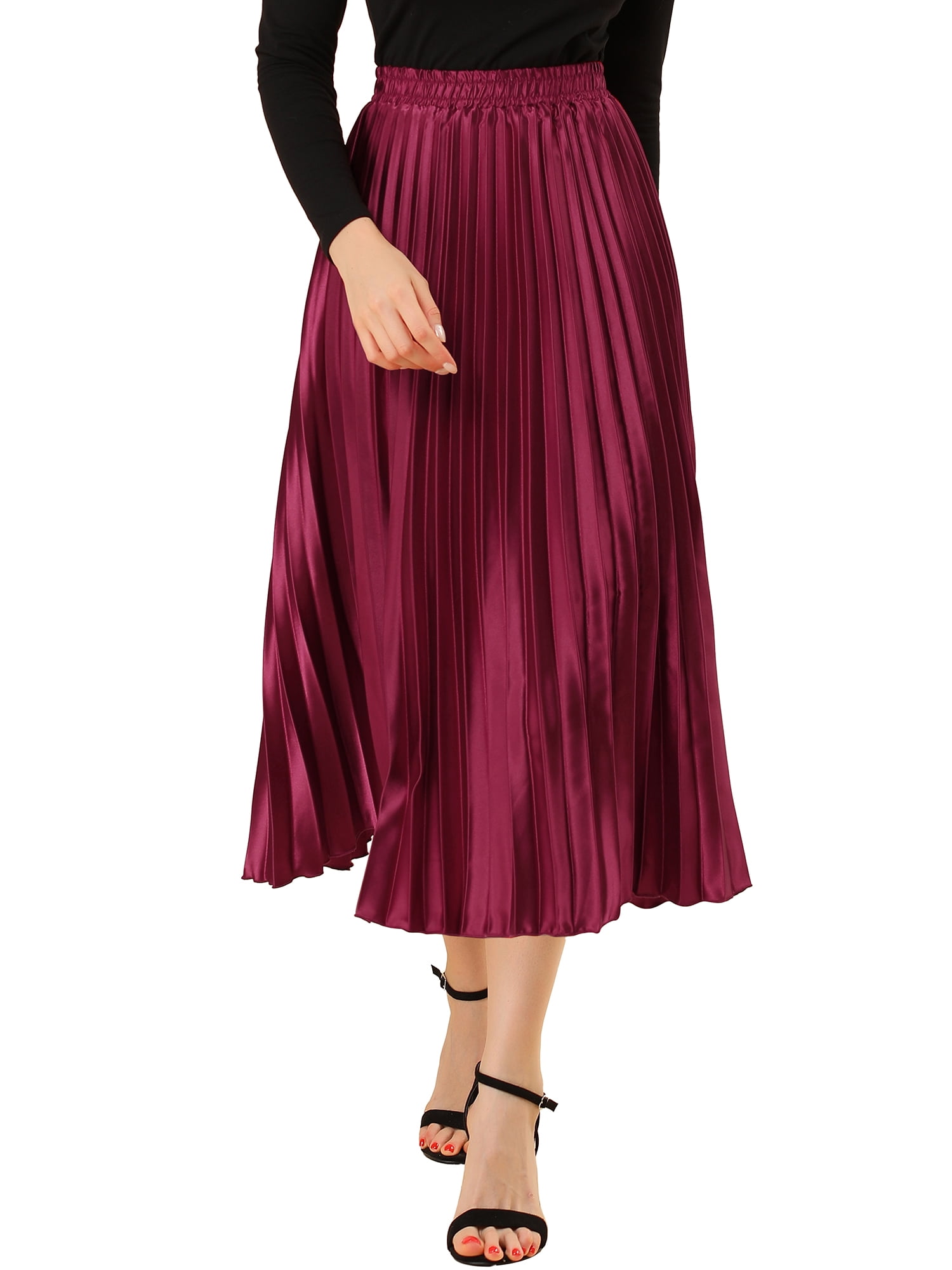 DARING DIVA Women's A-line High Waist Pleated Midi Skirt XS Burgundy