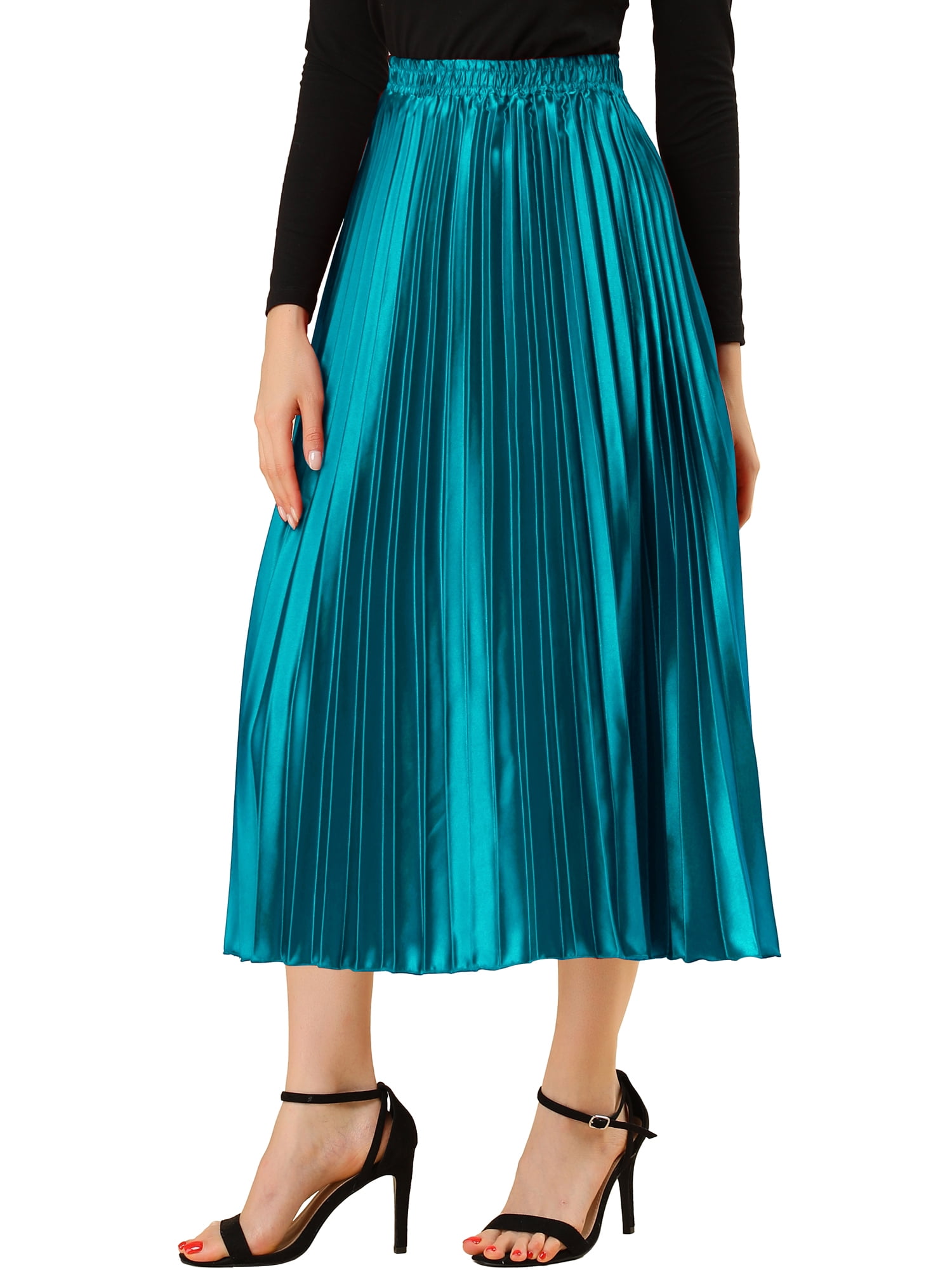 DARING DIVA Women's A-line High Waist Pleated Midi Skirt XS Peacock Blue
