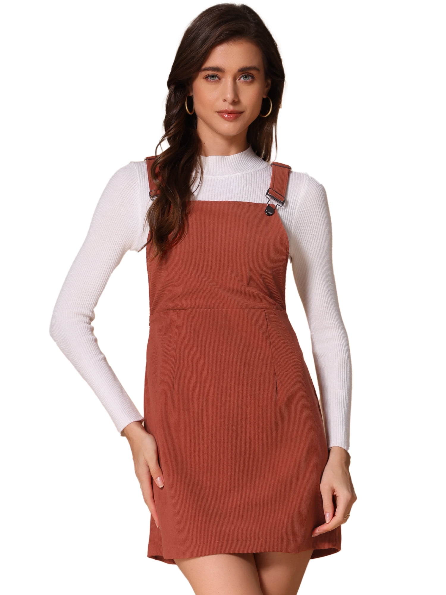 DARING DIVA Women's Adjustable Strap Pinafore Bib Corduroy Overalls Dress S Brick Red