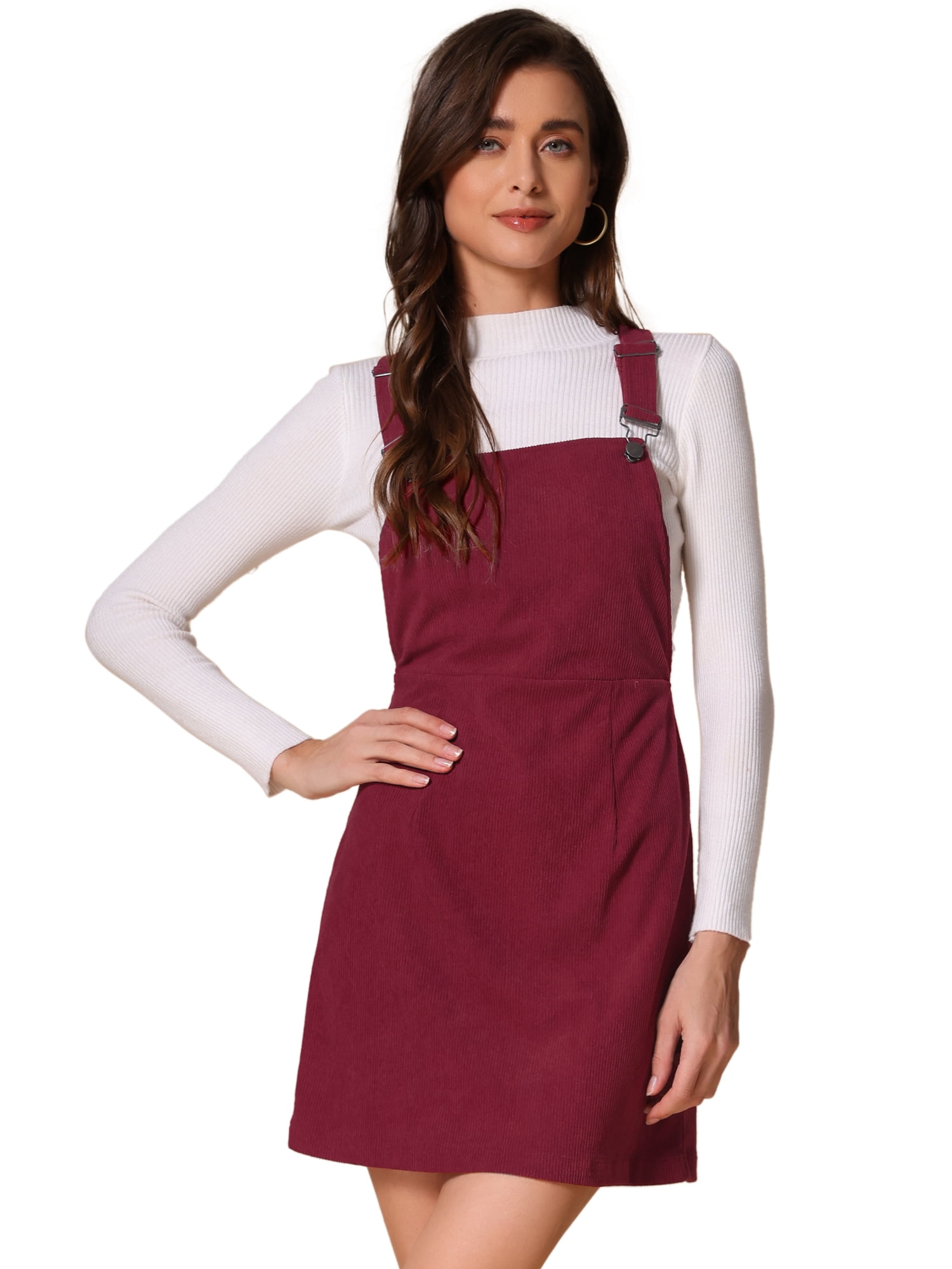 DARING DIVA Women's Adjustable Strap Pinafore Bib Corduroy Overalls Dress S Wine Red
