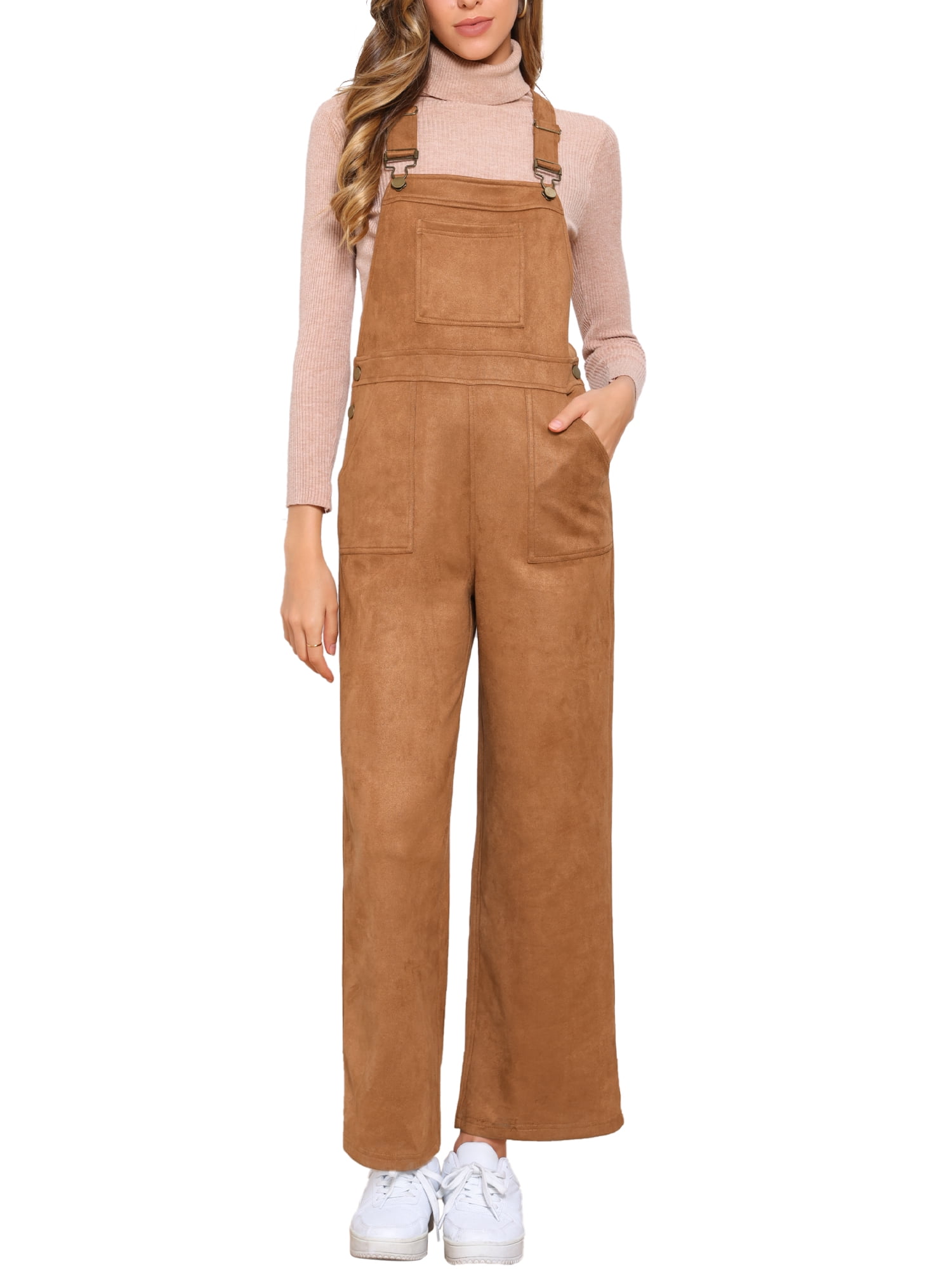 DARING DIVA Women's Adjustable Straps Wide Leg High Waisted Overalls with Pockets XL Brown