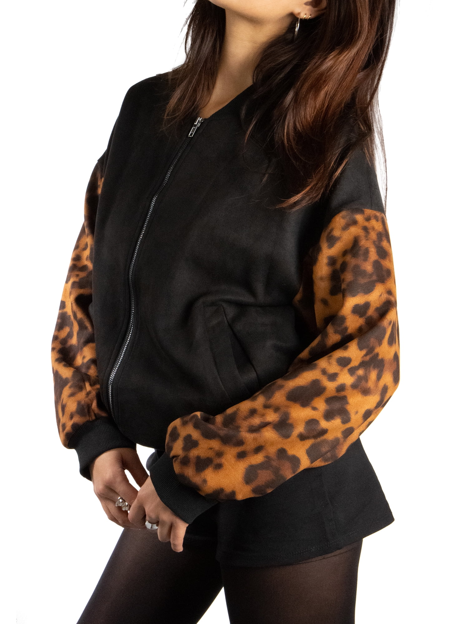 DARING DIVA Women's Animal Print Sleeve Zip Up Jacket L Black