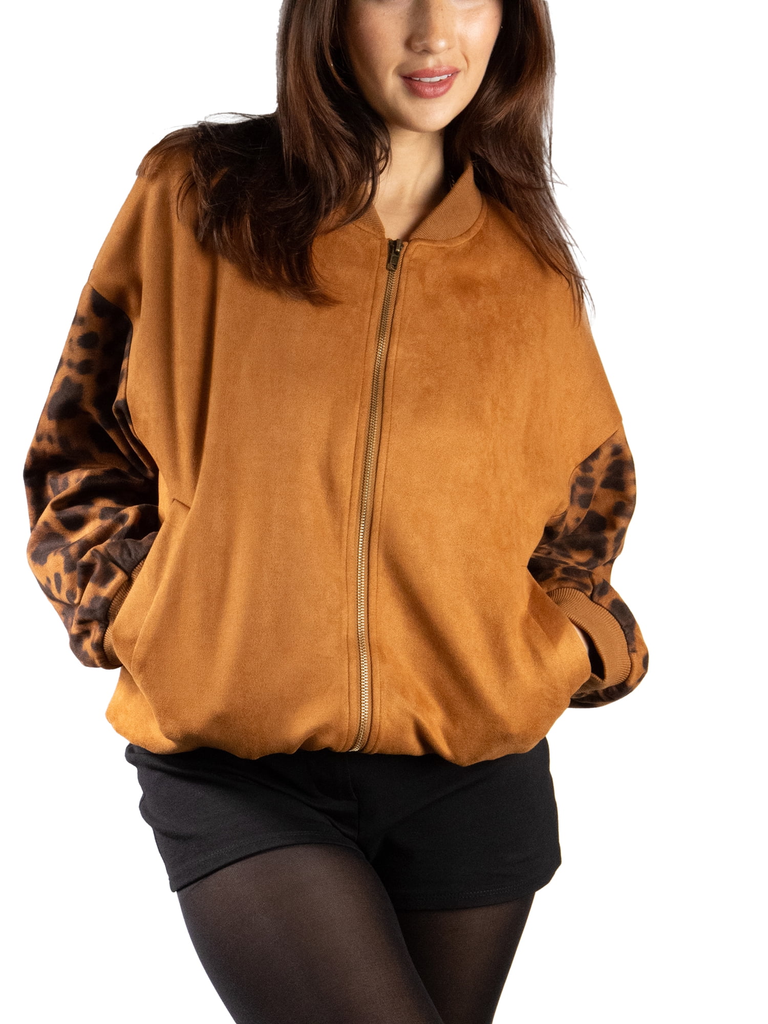 DARING DIVA Women's Animal Print Sleeve Zip Up Jacket XS Brown