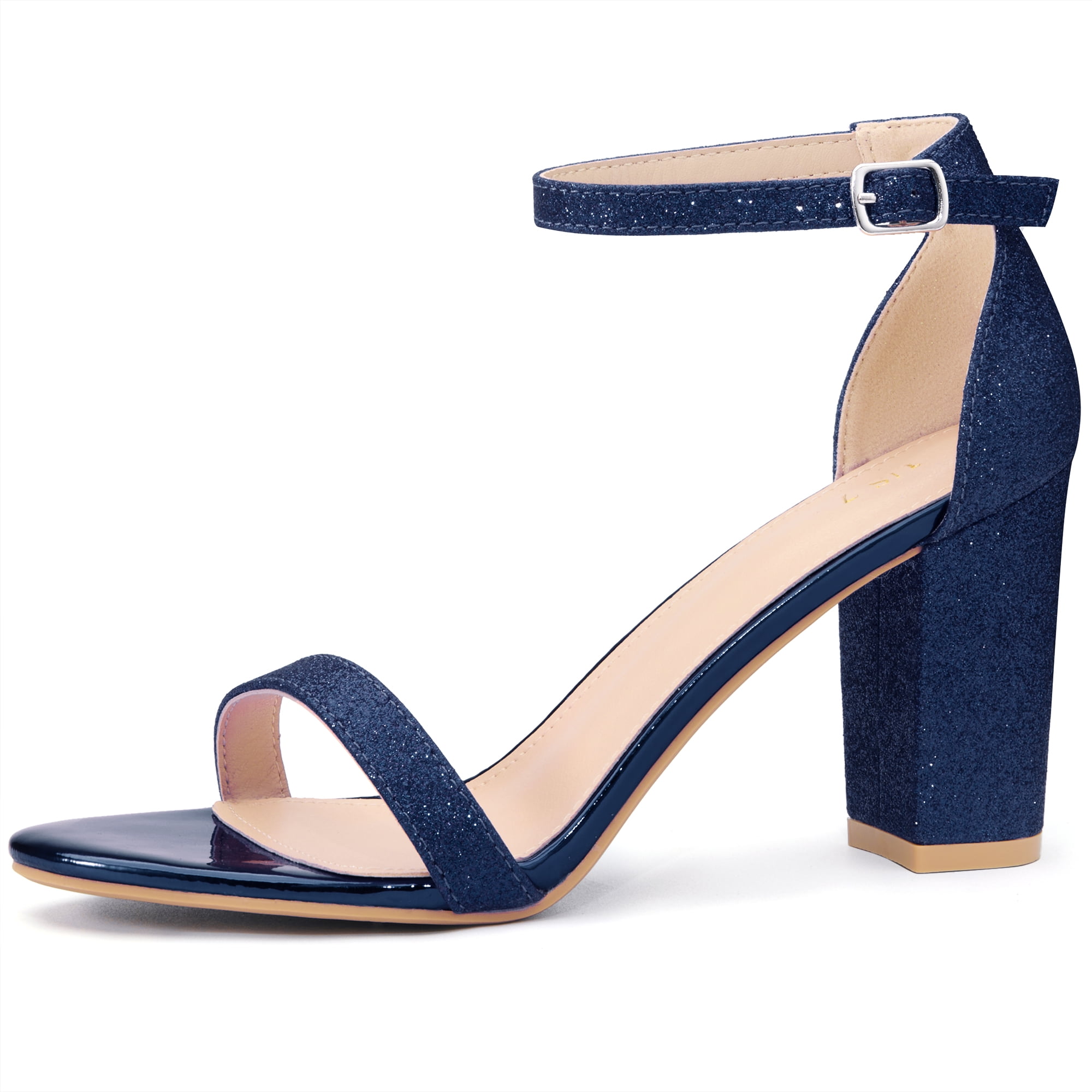 DARING DIVA Women's Ankle Strap Chunky Heels Glitter Vamp Open-Toe Sandals Navy Blue 6