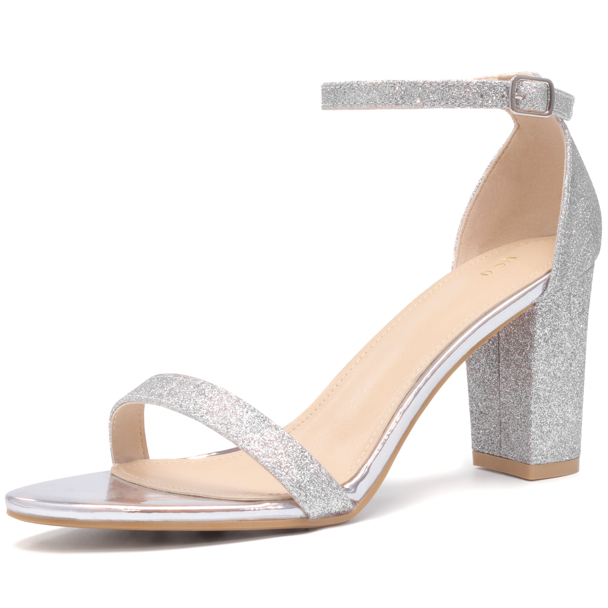 DARING DIVA Women's Ankle Strap Chunky Heels Glitter Vamp Open-Toe Sandals Silver 8