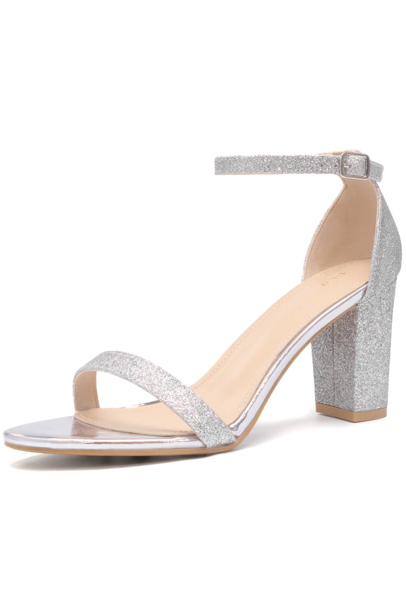Women's Ankle Strap Chunky Heels Glitter Vamp Open-Toe Sandals Silver 9