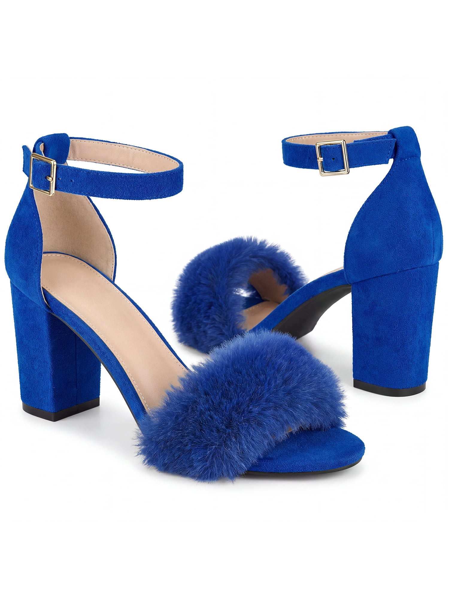 DARING DIVA Women's Ankle Strap Faux Fur Block Heels Beige Sandals for Wear Blue 6
