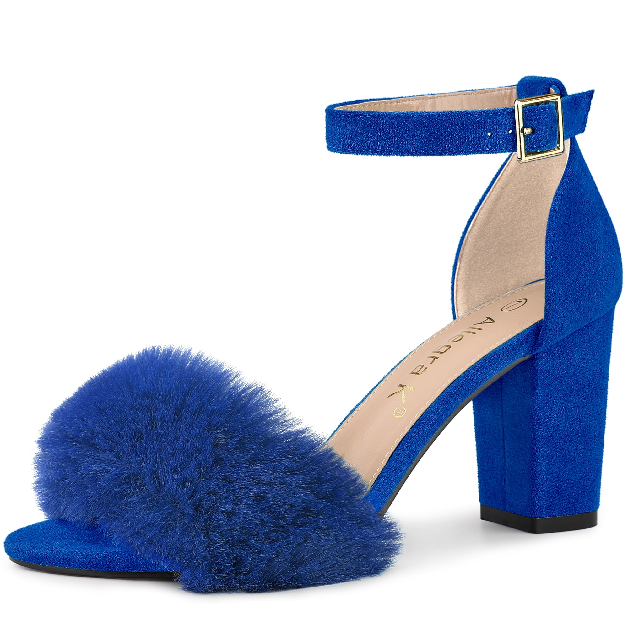 DARING DIVA Women's Ankle Strap Faux Fur Block Heels Beige Sandals for Wear Blue 8