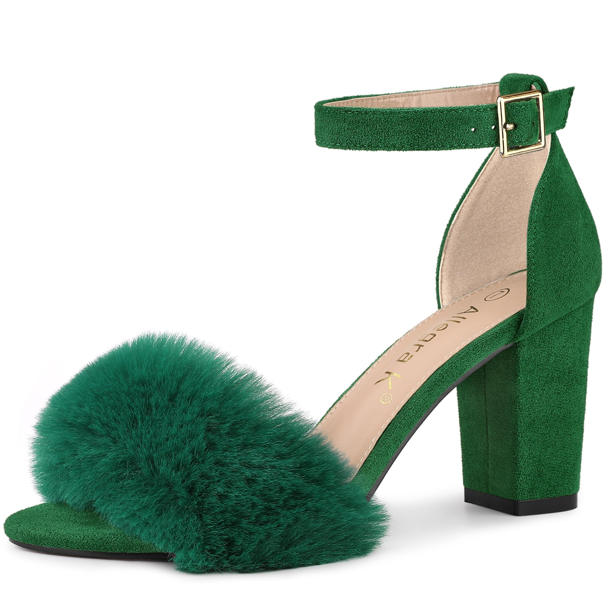 DARING DIVA Women's Ankle Strap Faux Fur Block Heels Beige Sandals for Wear Green 10