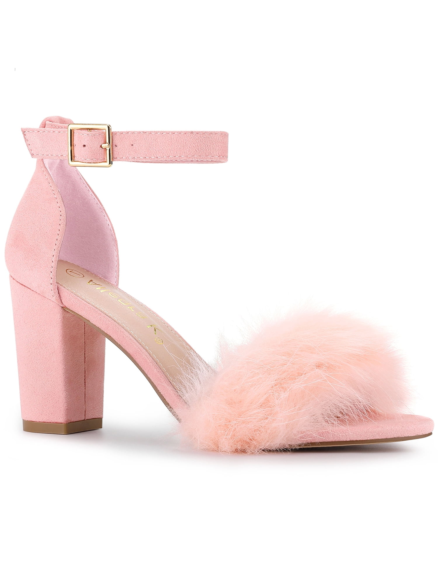 DARING DIVA Women's Ankle Strap Faux Fur Block Heels Beige Sandals for Wear Pink 10