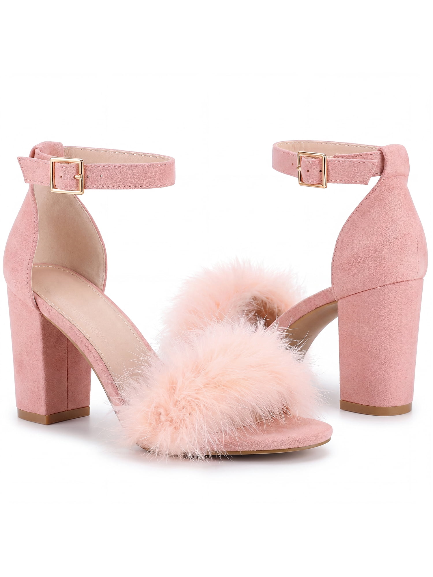 DARING DIVA Women's Ankle Strap Faux Fur Block Heels Beige Sandals for Wear Pink 6