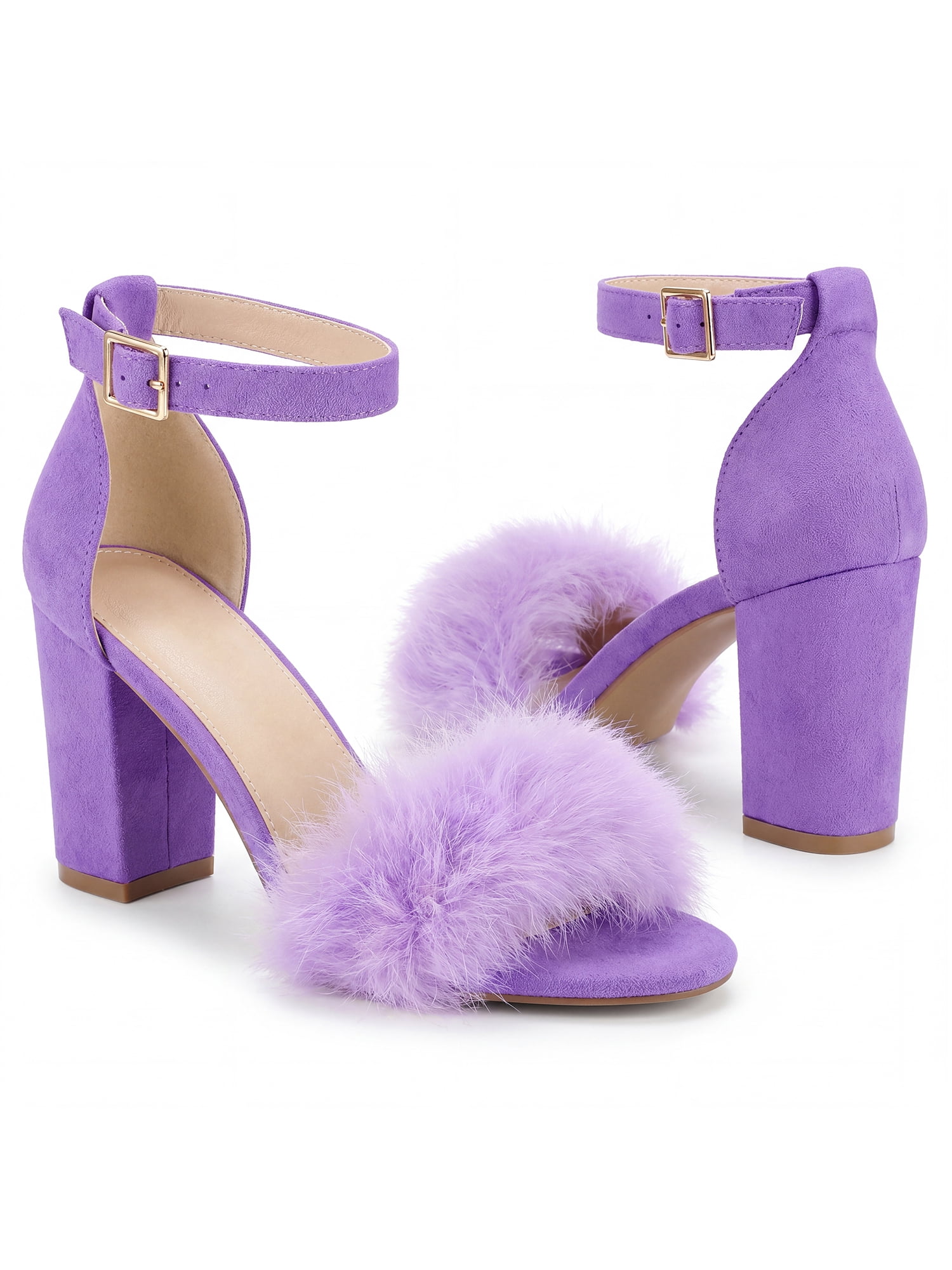 DARING DIVA Women's Ankle Strap Faux Fur Block Heels Beige Sandals for Wear Purple 6