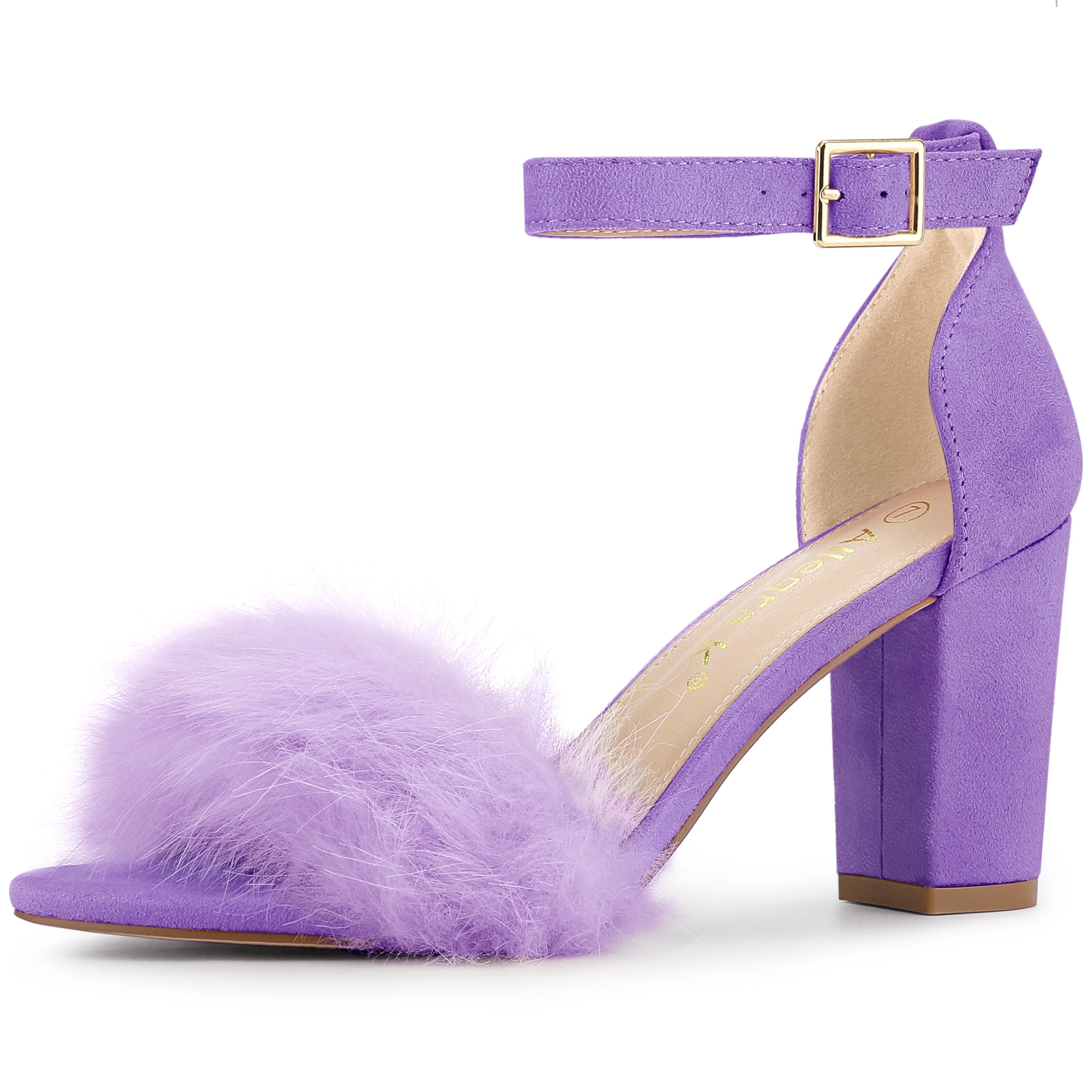 DARING DIVA Women's Ankle Strap Faux Fur Block Heels Beige Sandals for Wear Purple 8