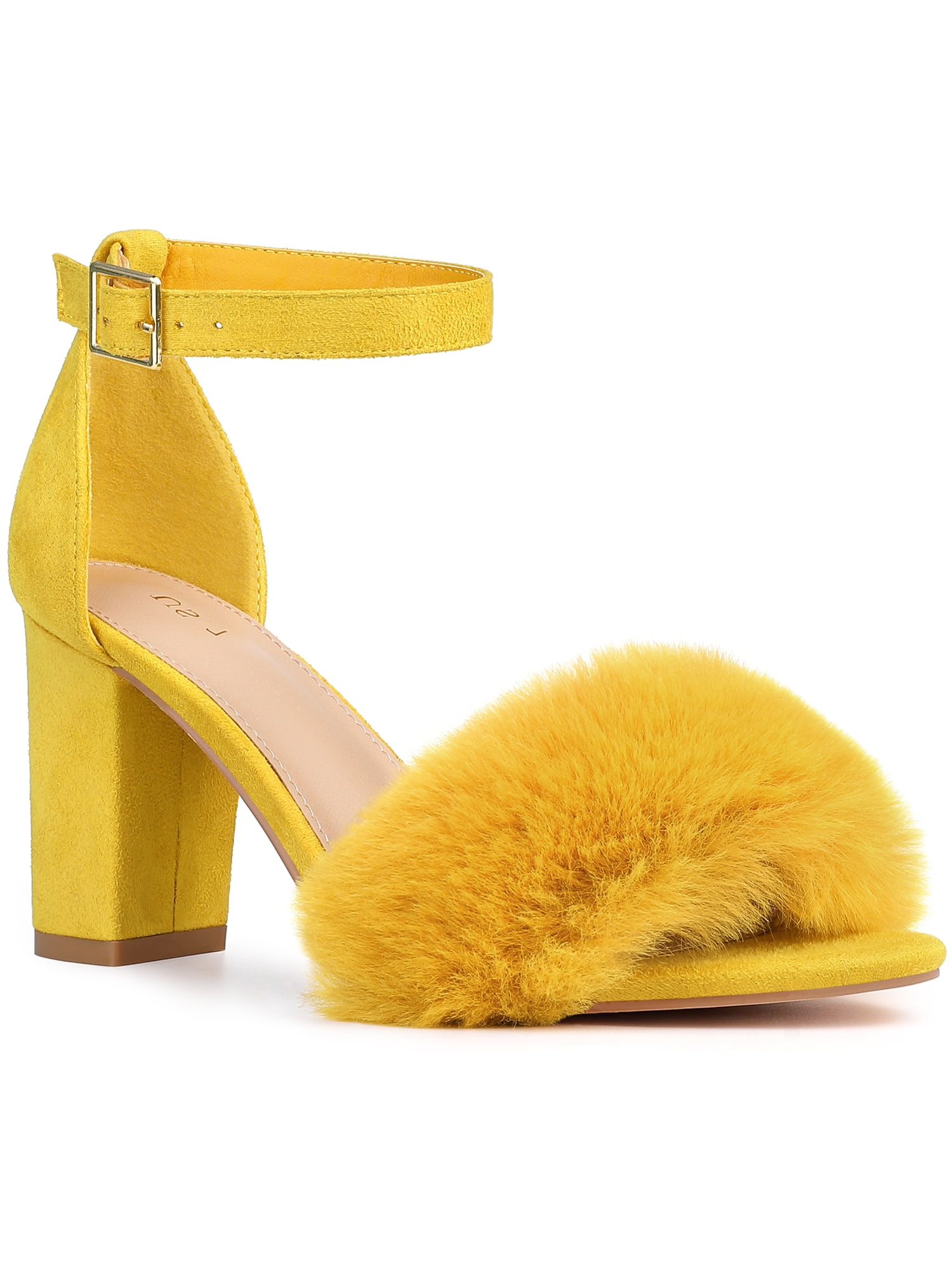 DARING DIVA Women's Ankle Strap Faux Fur Block Heels Beige Sandals for Wear Yellow 9