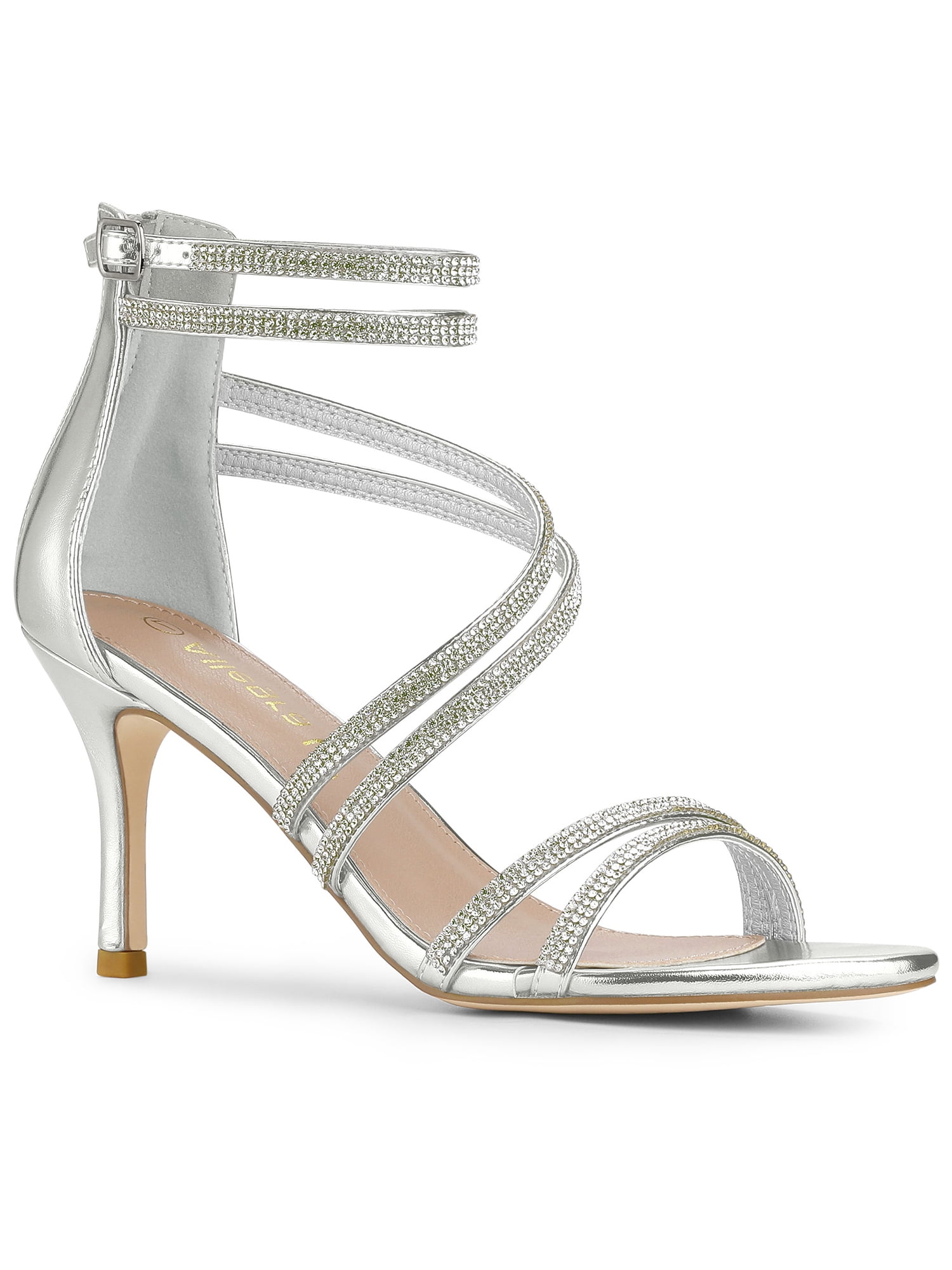 DARING DIVA Women's Ankle Strap Rhinestone Stiletto Heels Sandals Silver 7