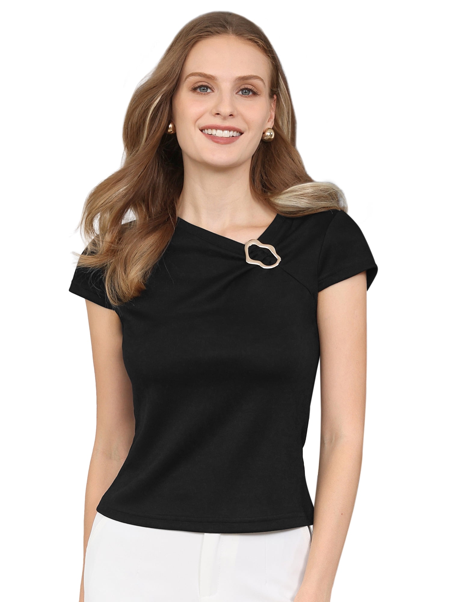 DARING DIVA Women's Asymmetric Neck Tops Cap Sleeve Metal Buckle Blouse M Black