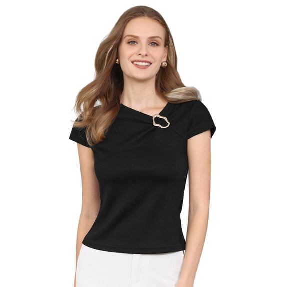 DARING DIVA Women's Asymmetric Neck Tops Cap Sleeve Metal Buckle Blouse S Black