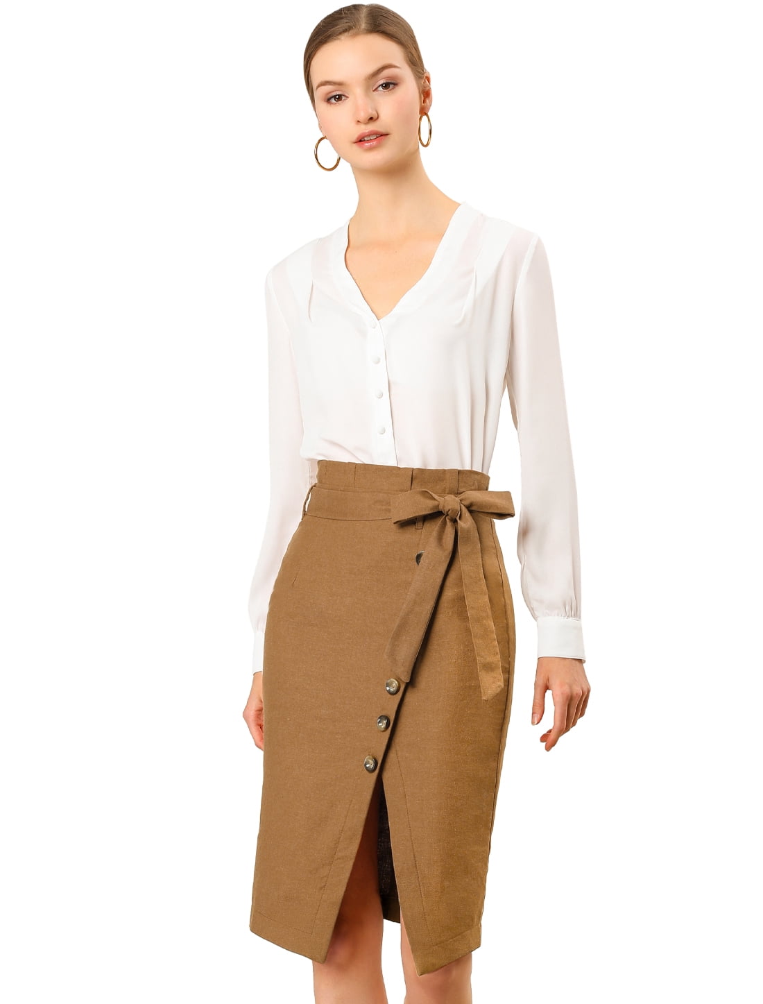 DARING DIVA Women's Asymmetrical Front Split Belted Midi Pencil Skirt S Brown
