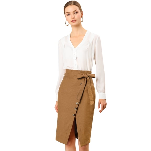 DARING DIVA Women's Asymmetrical Front Split Belted Midi Pencil Skirt S Brown