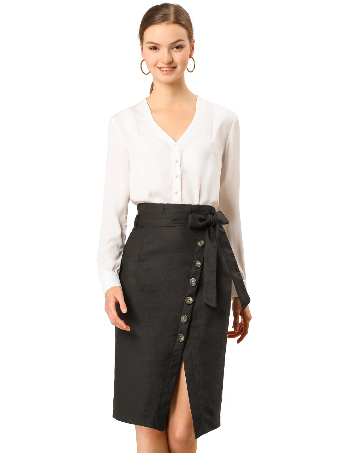 DARING DIVA Women's Asymmetrical Front Split Belted Midi Pencil Skirt XS Black