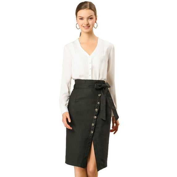 DARING DIVA Women's Asymmetrical Front Split Belted Midi Pencil Skirt XS Black