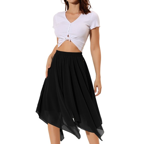 DARING DIVA Women's Asymmetrical Hem Elastic Waist Chiffon Flowy Midi Skirt Medium Black