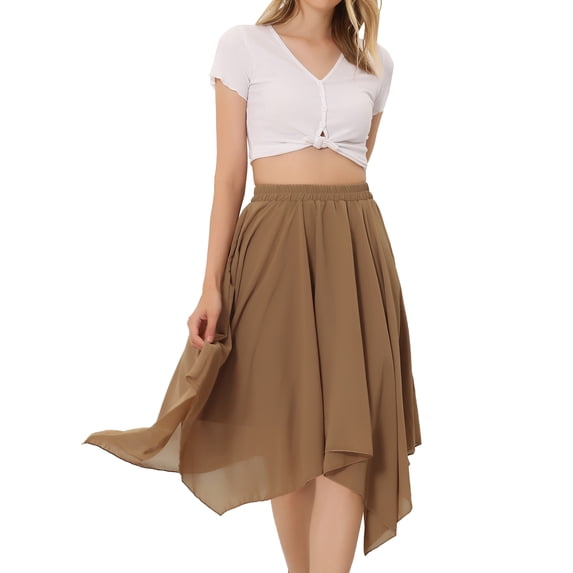 DARING DIVA Women's Asymmetrical Hem Elastic Waist Chiffon Flowy Midi Skirt Medium Camel
