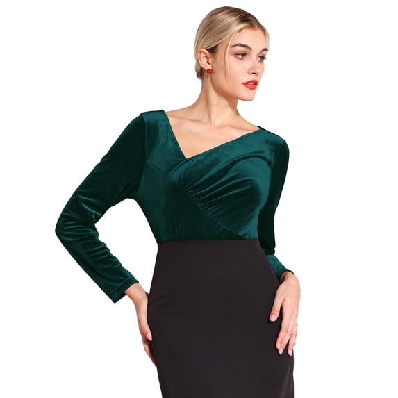 DARING DIVA Women's Asymmetrical Ruched Neck Long Sleeve Velvet Blouse 2XL Dark Green