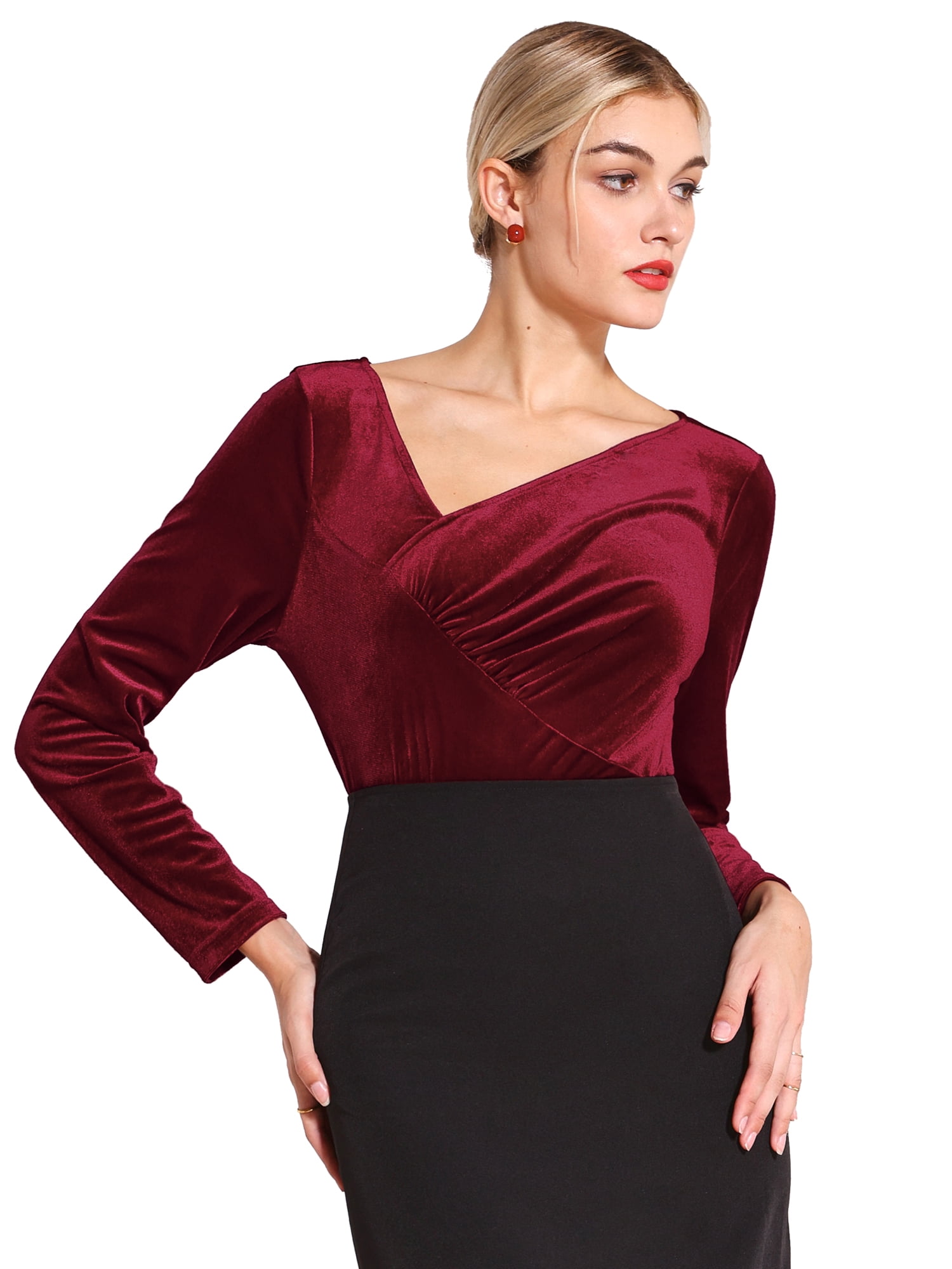 DARING DIVA Women's Asymmetrical Ruched Neck Long Sleeve Velvet Blouse 2XL Wine Red
