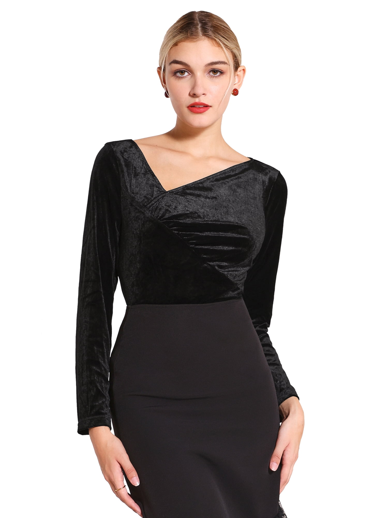 DARING DIVA Women's Asymmetrical Ruched Neck Long Sleeve Velvet Blouse M Black