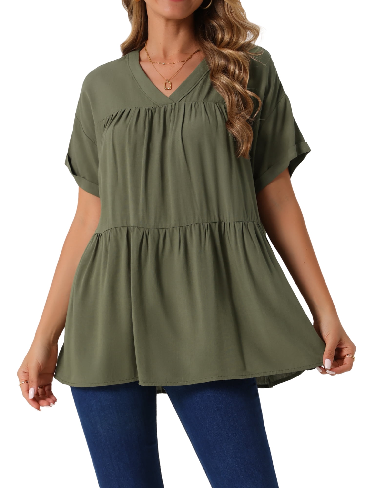 DARING DIVA Women's Babydoll Casual V Neck Short Sleeve Peplum Blouse L Army Green