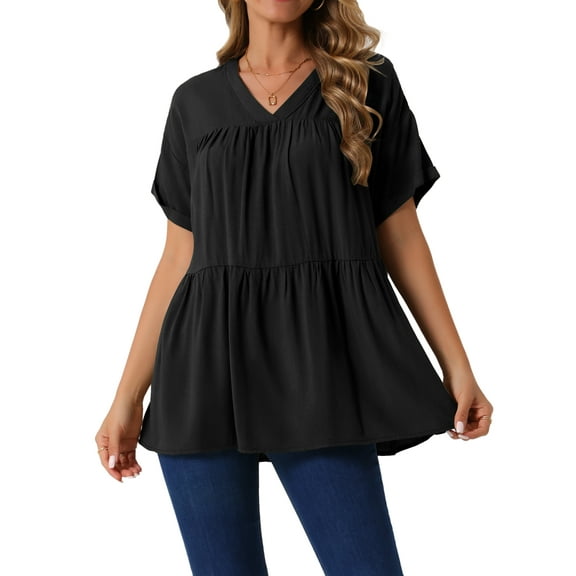 DARING DIVA Women's Babydoll Casual V Neck Short Sleeve Peplum Blouse M Black