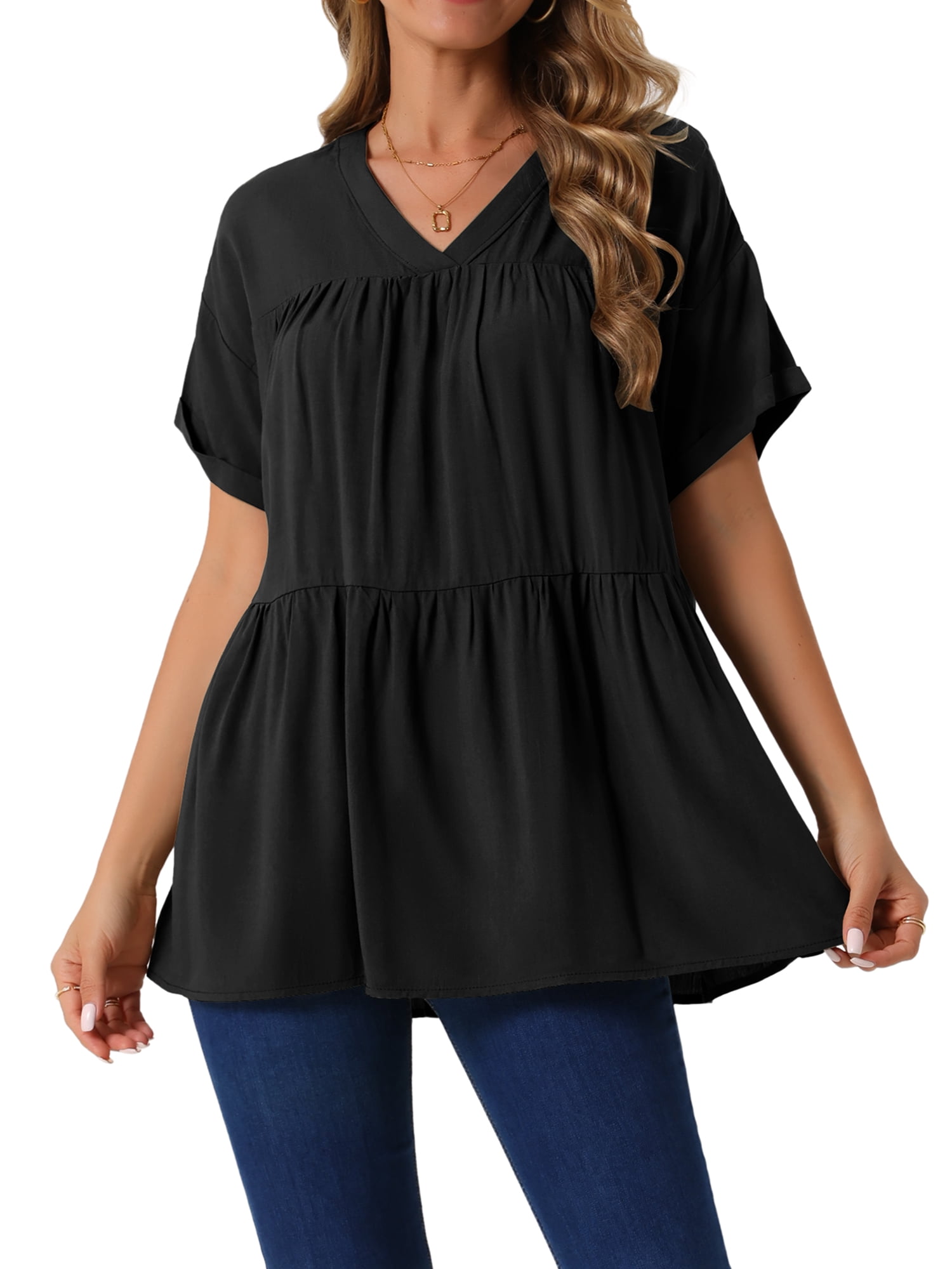 DARING DIVA Women's Babydoll Casual V Neck Short Sleeve Peplum Blouse S Black
