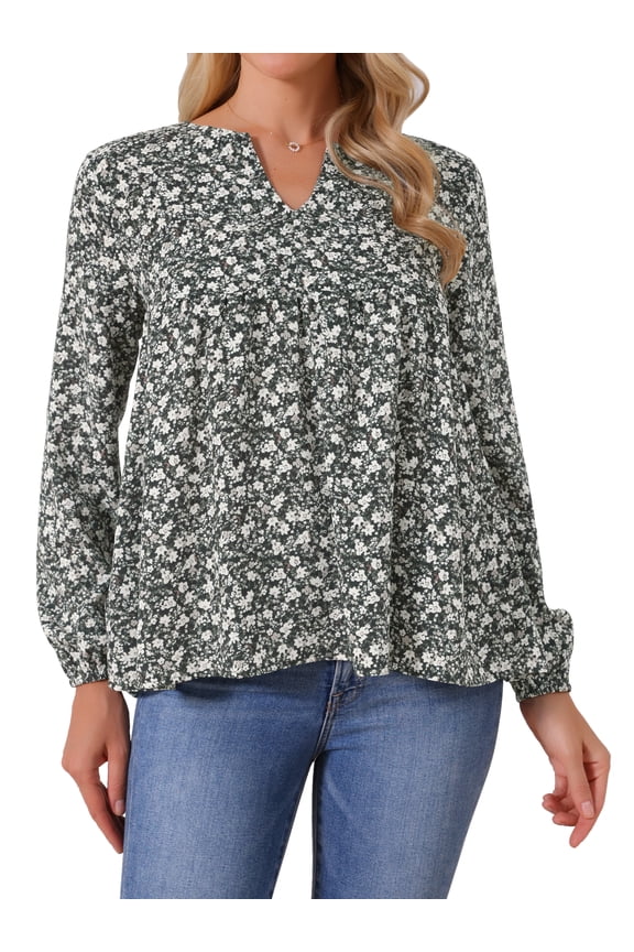 Women's Babydoll V Neck Floral Blouse M Black